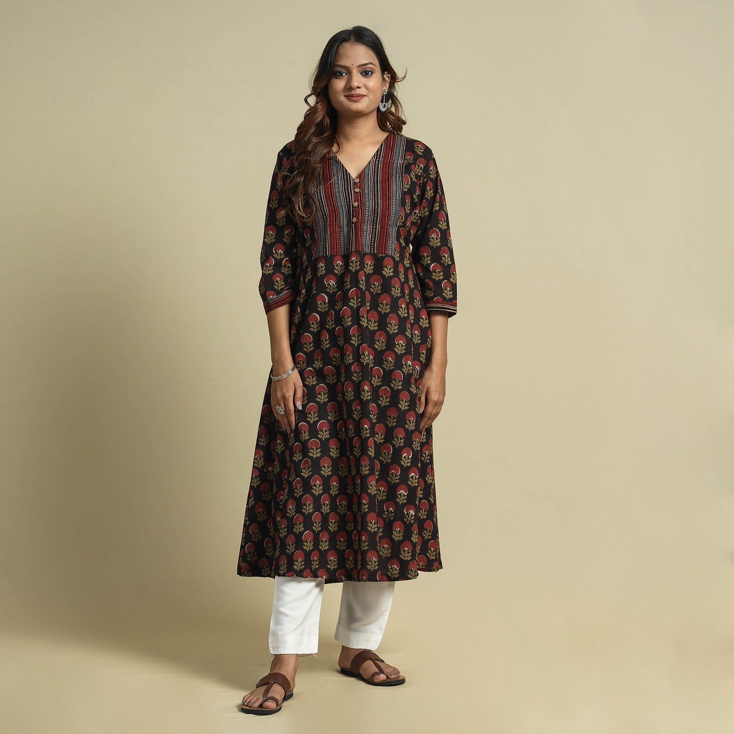 Black - jahota printed patchwork cotton kurta - handcrafted