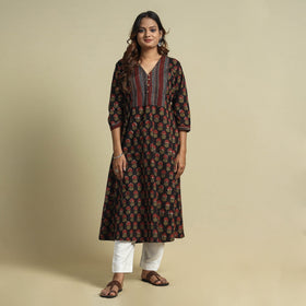 Black - jahota printed patchwork cotton kurta - handcrafted