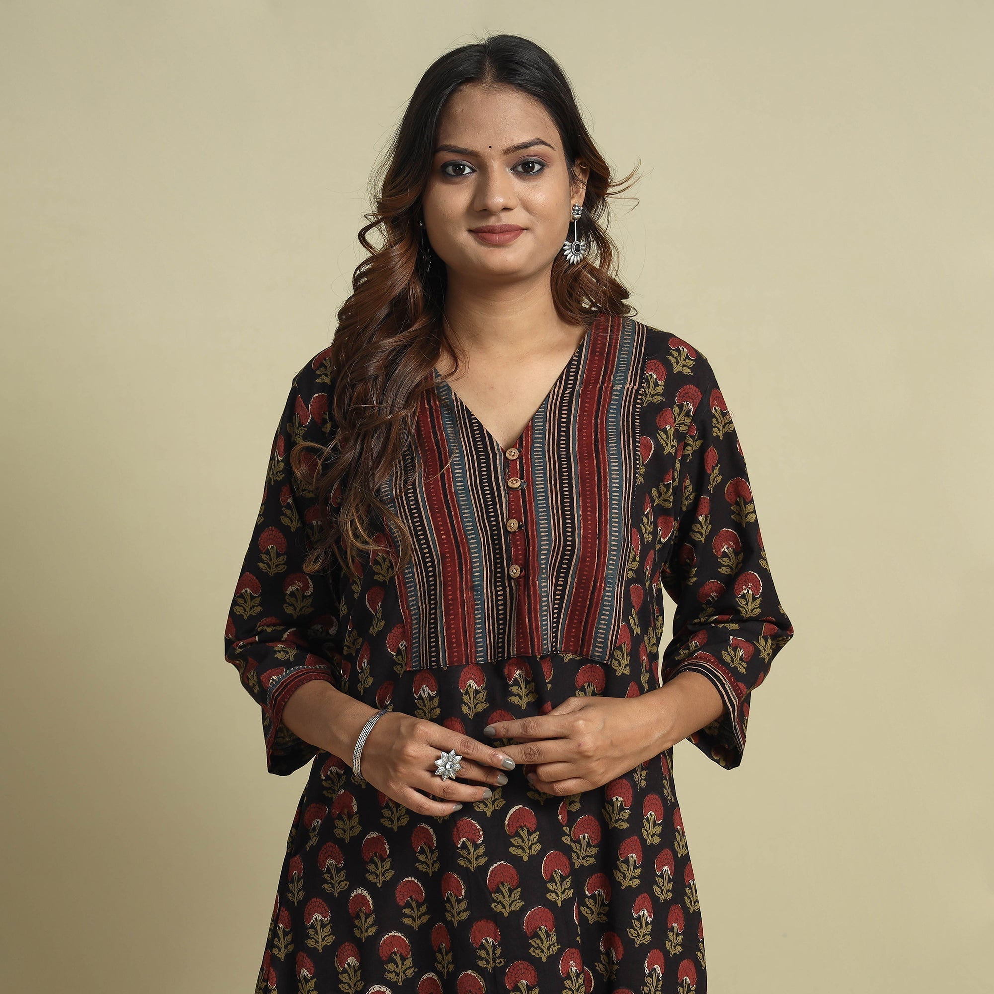 Black - jahota printed patchwork cotton kurta - handcrafted