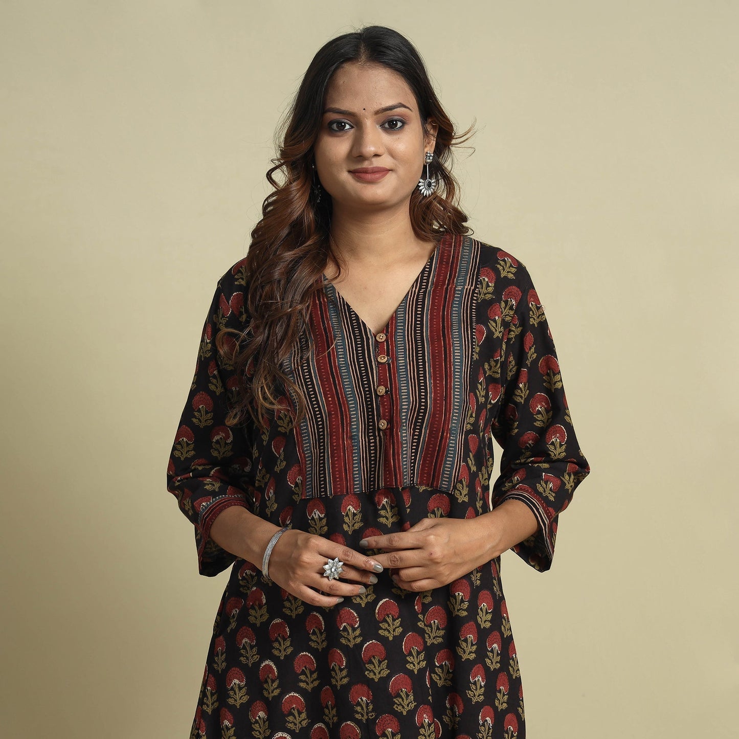 Black - jahota printed patchwork cotton kurta - handcrafted