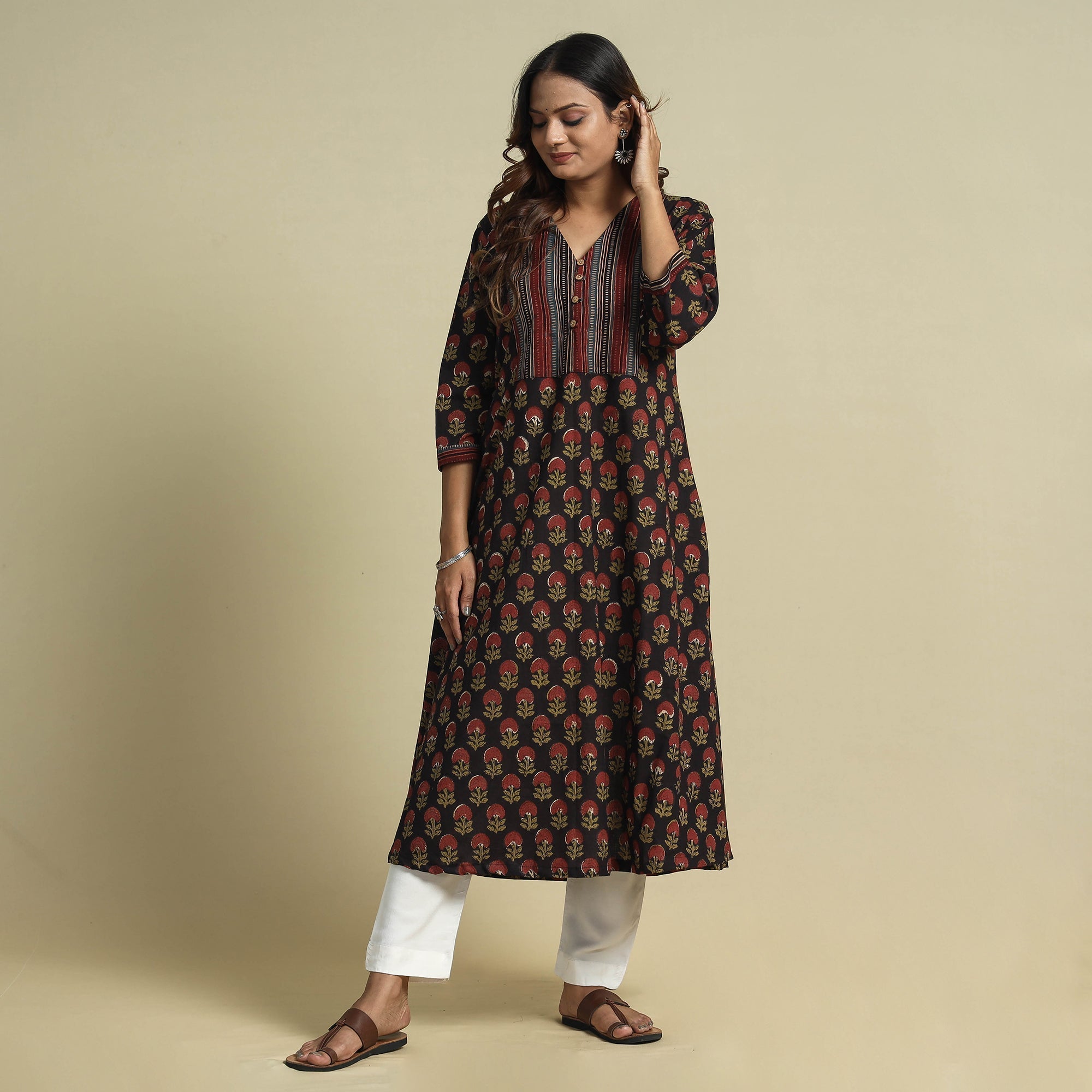 Black - jahota printed patchwork cotton kurta - handcrafted