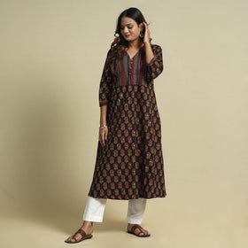 Black - jahota printed patchwork cotton kurta - handcrafted