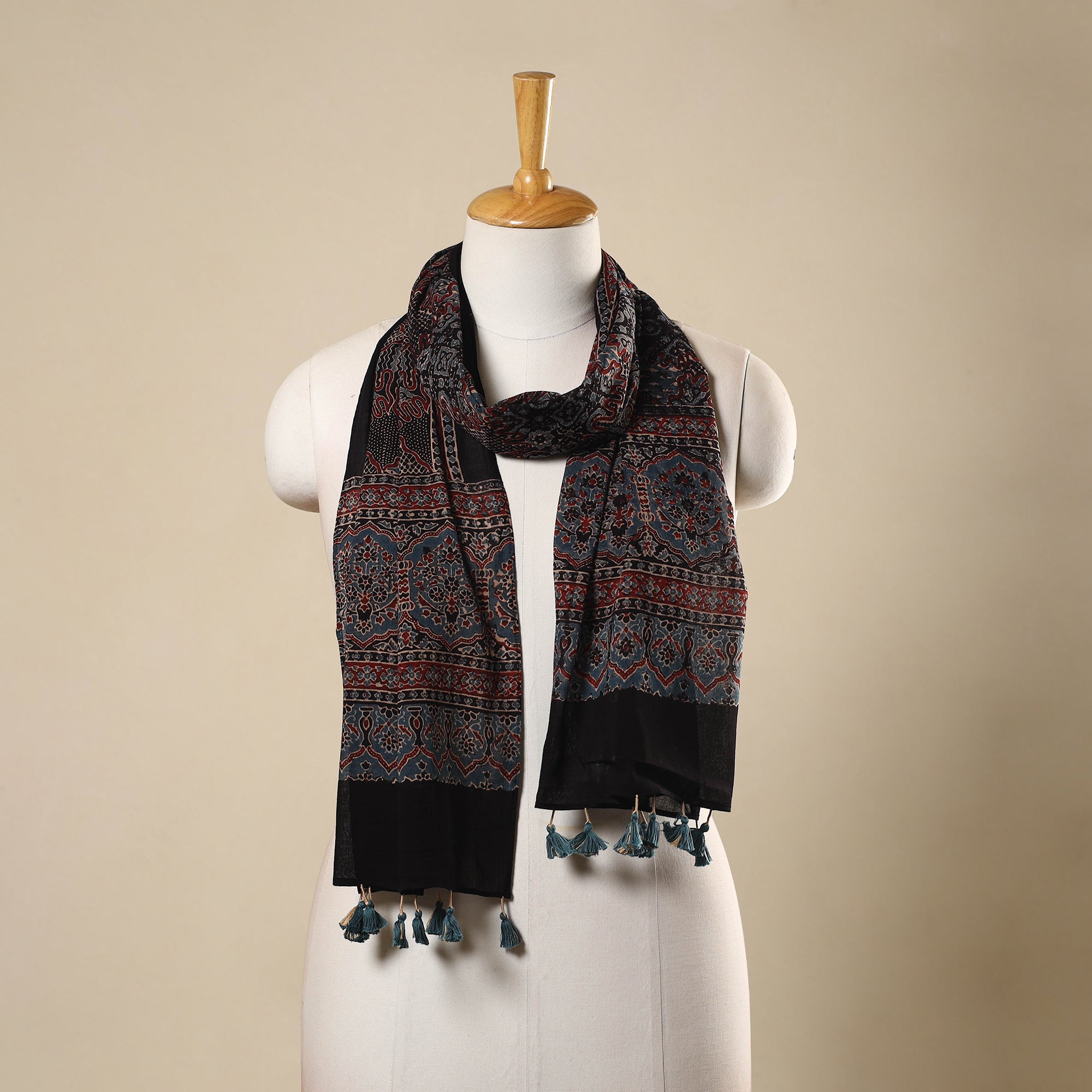 Buy Multicolor Block Print Mul Cotton Ajrakh Stole With Tassels