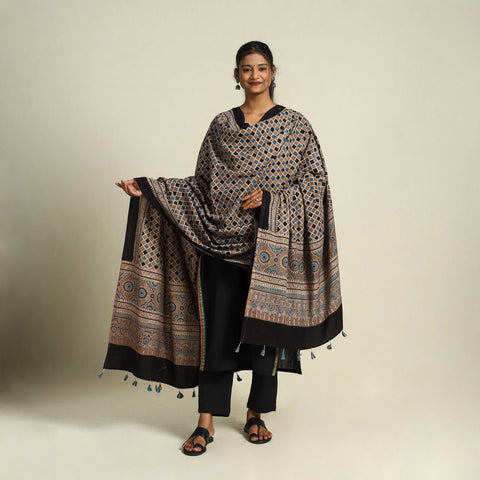Buy Multicolor Block Print Cotton Ajrakh Dupatta With Tassels