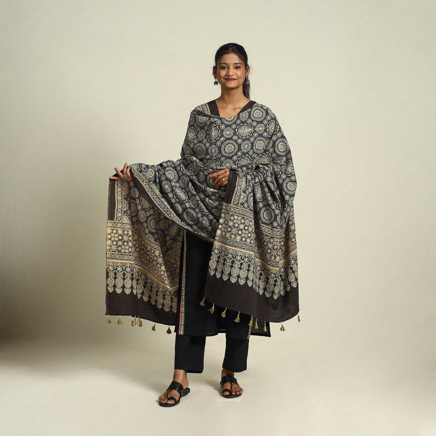 Buy Multicolor Block Print Cotton Ajrakh Dupatta With Tassels