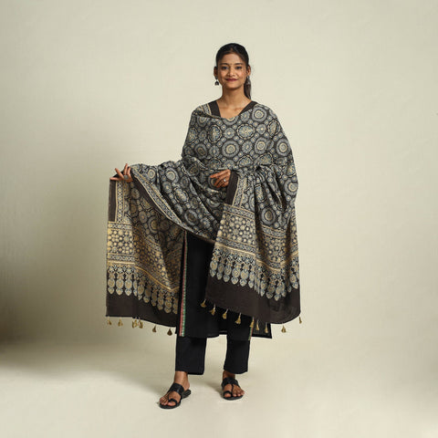 Buy Multicolor Block Print Cotton Ajrakh Dupatta With Tassels
