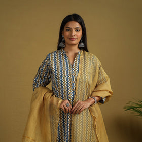 Multicolor Block Print Cotton Ajrakh Kurta Set with Dupatta