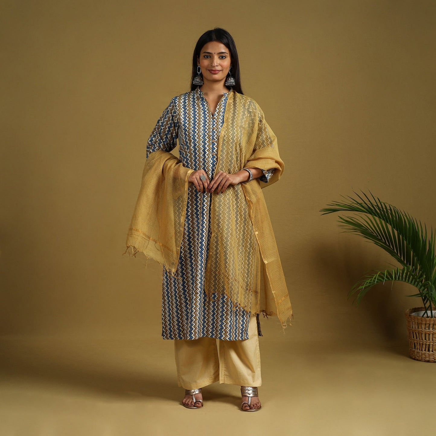 Multicolor Block Print Cotton Ajrakh Kurta Set with Dupatta