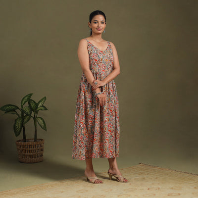Multicolor Block Print Cotton Flared Sanganeri Dress