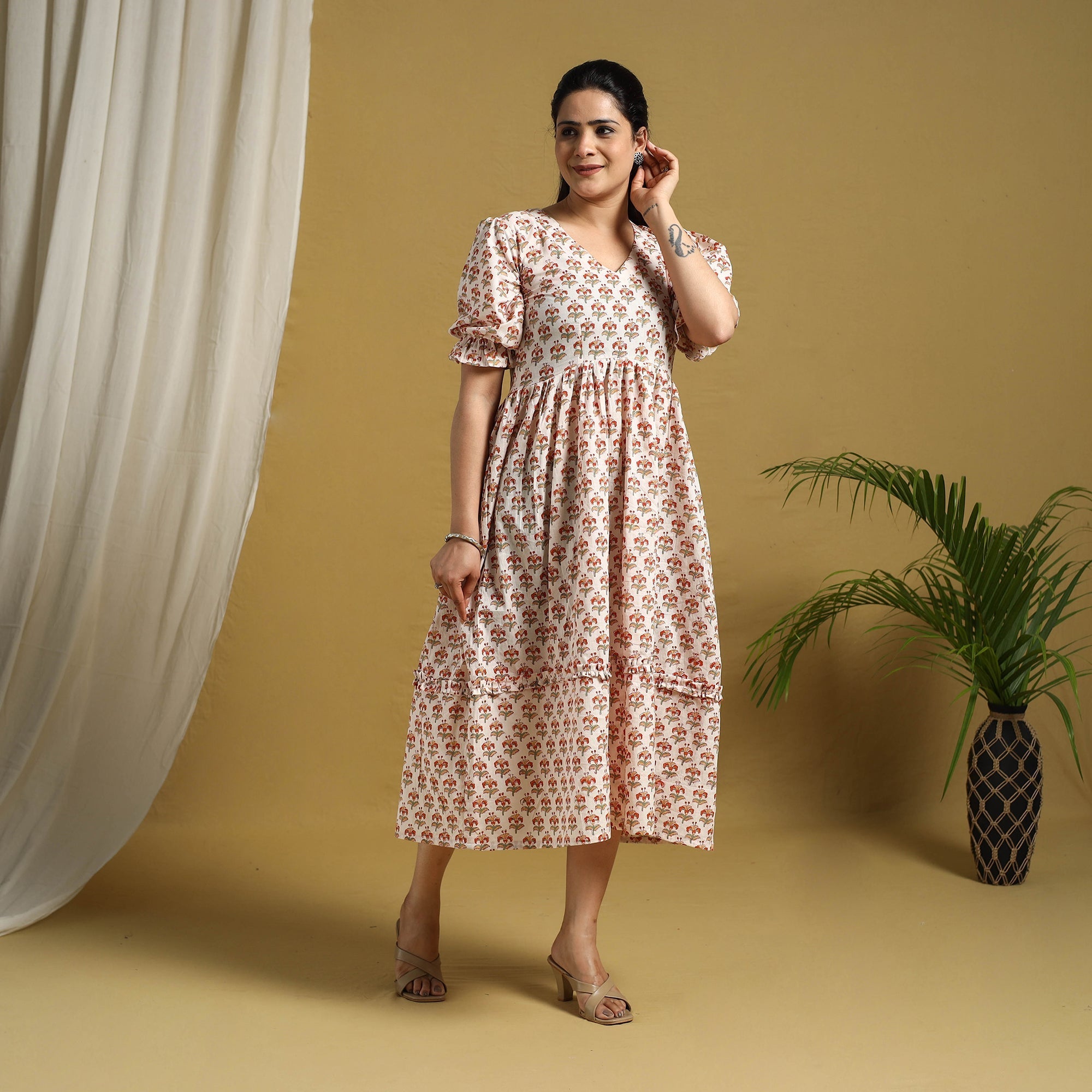  Multicolor Block Print Cotton Frill Sanganeri Dress