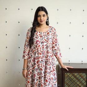 Multicolor Block Print Cotton A-Line Sanganeri Kurta for Women