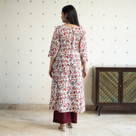 Multicolor Block Print Cotton A-Line Sanganeri Kurta for Women