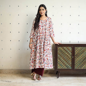 Multicolor Block Print Cotton A-Line Sanganeri Kurta for Women