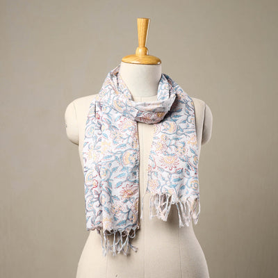 Buy Block Print Cotton Multicolor Sanganeri Stole with Tassels