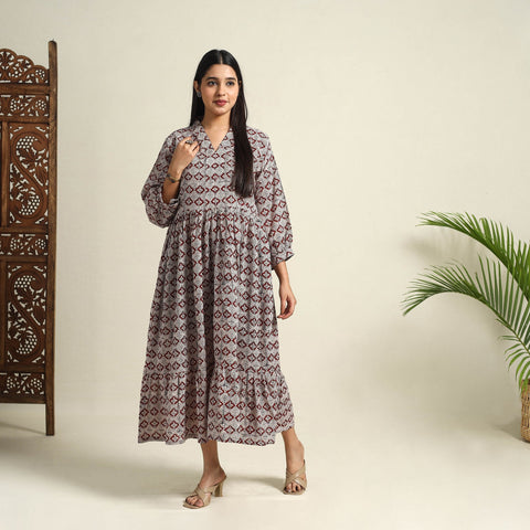  Multicolor Block Print Mul Cotton Tiered Bagh Dress