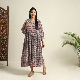 Multicolor Block Print Mul Cotton Tiered Bagh Dress