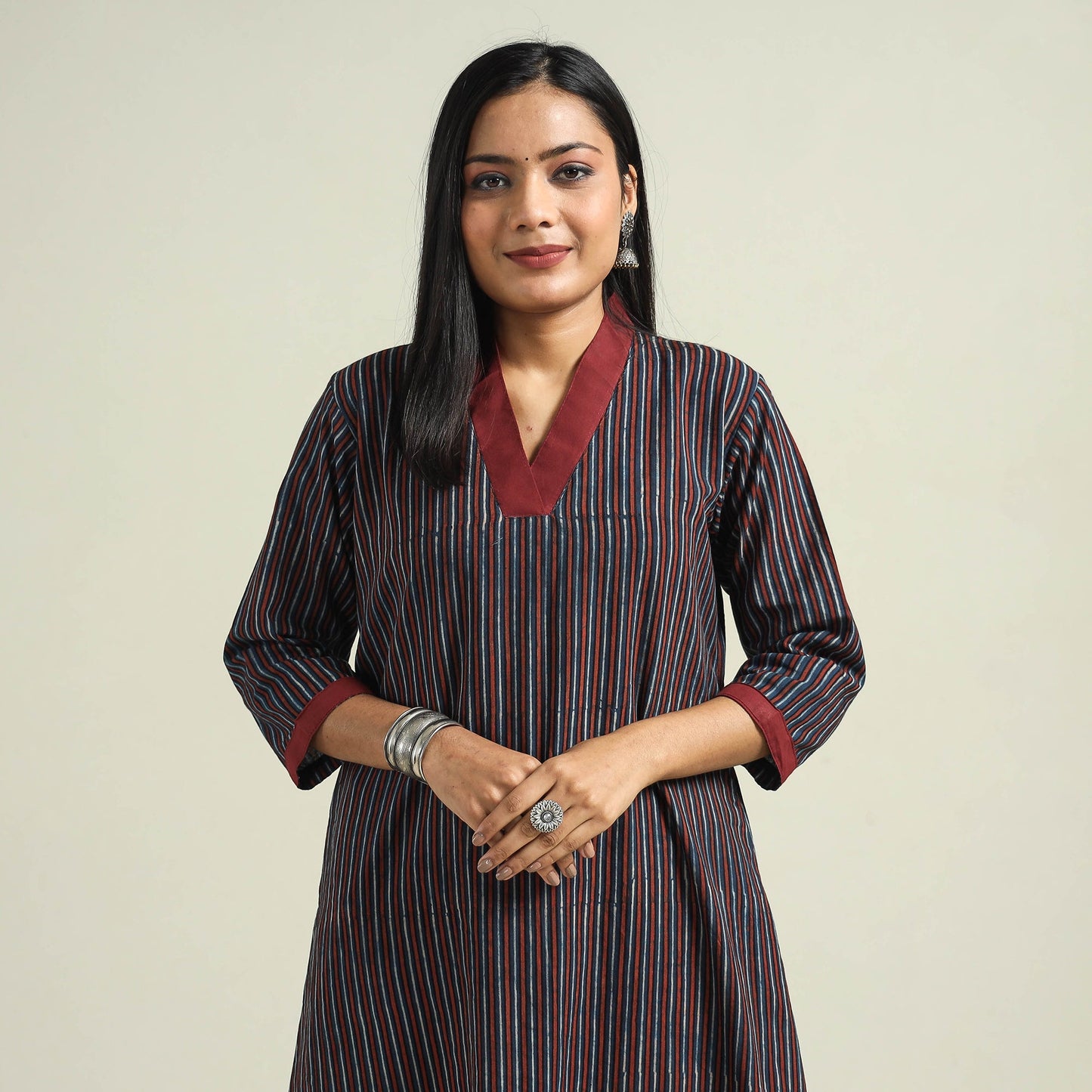 Multicolor - Blue with Stripes - Ajrakh Hand Block Printed Cotton A-Line Kurta