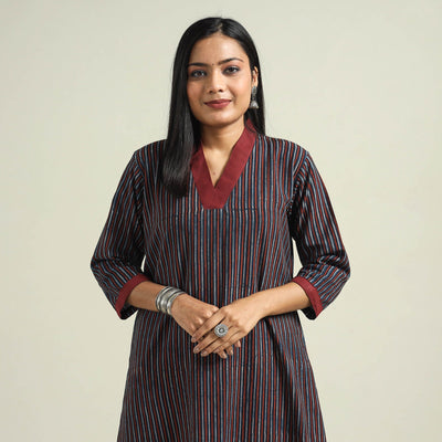 Multicolor - Blue with Stripes - Ajrakh Hand Block Printed Cotton A-Line Kurta
