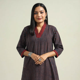 Multicolor - Blue with Stripes - Ajrakh Hand Block Printed Cotton A-Line Kurta