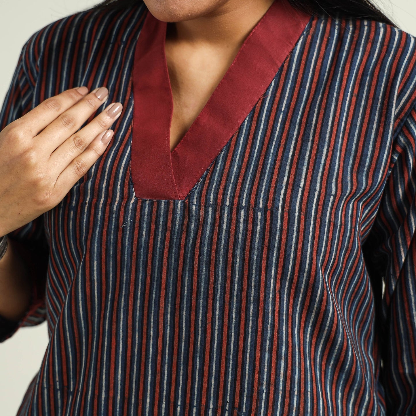 Multicolor - Blue with Stripes - Ajrakh Hand Block Printed Cotton A-Line Kurta