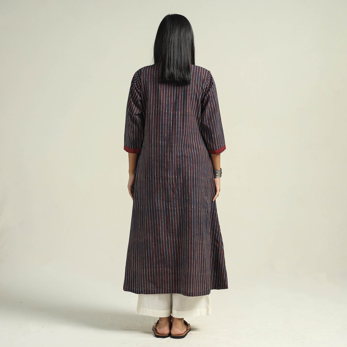 Multicolor - Blue with Stripes - Ajrakh Hand Block Printed Cotton A-Line Kurta