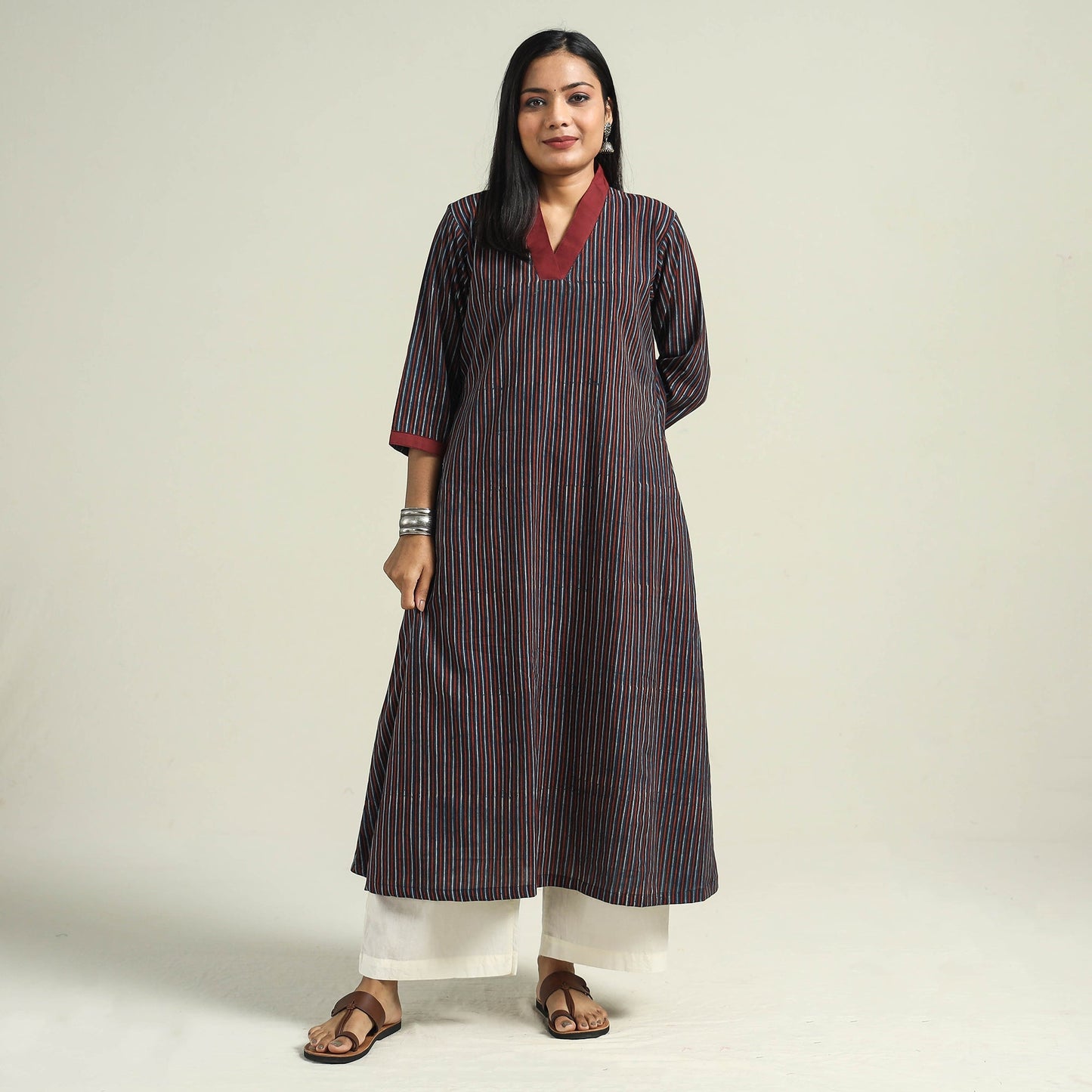 Multicolor - Blue with Stripes - Ajrakh Hand Block Printed Cotton A-Line Kurta
