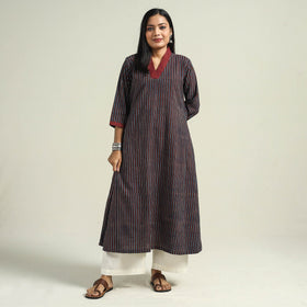 Multicolor - Blue with Stripes - Ajrakh Hand Block Printed Cotton A-Line Kurta