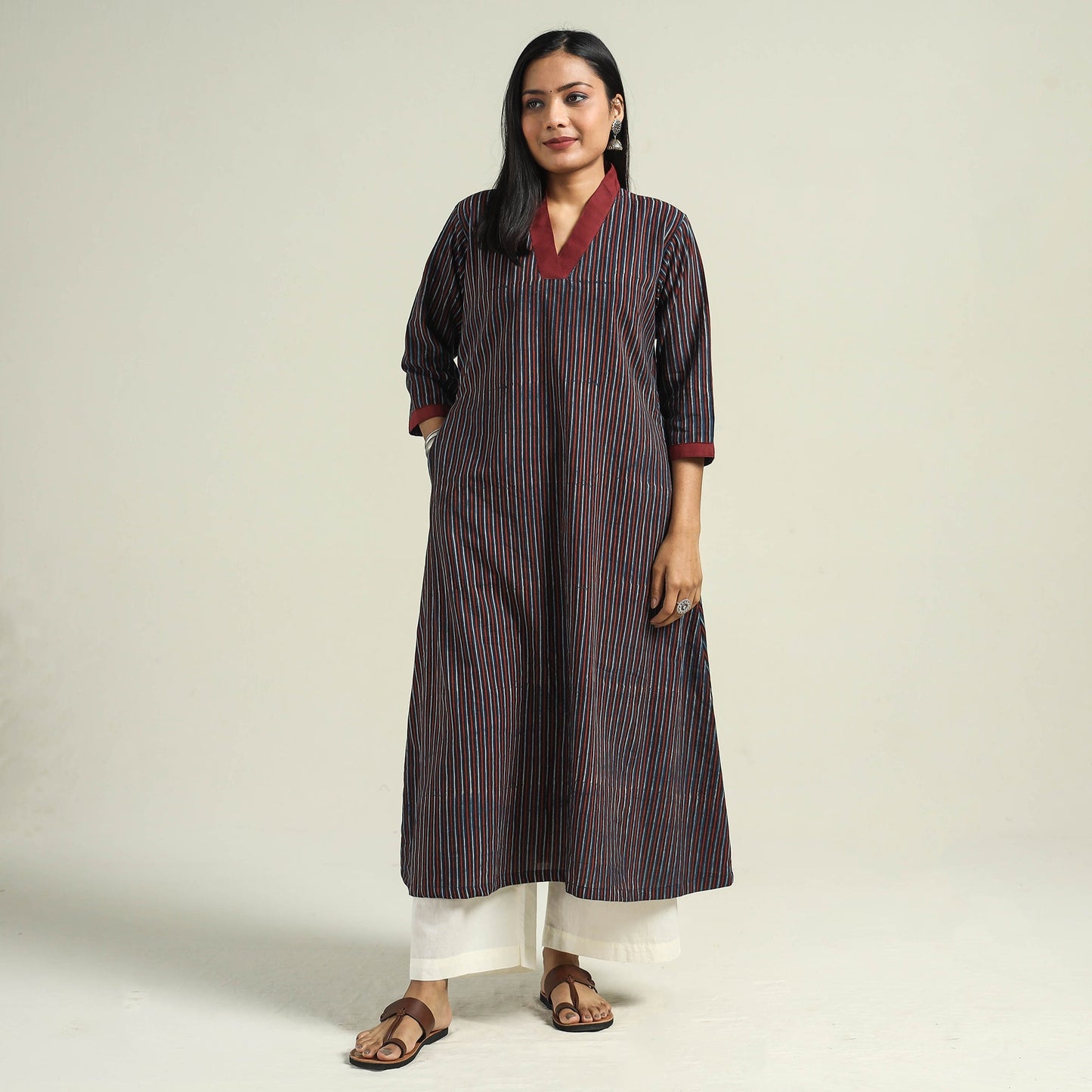 Multicolor - Blue with Stripes - Ajrakh Hand Block Printed Cotton A-Line Kurta
