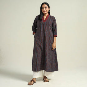 Multicolor - Blue with Stripes - Ajrakh Hand Block Printed Cotton A-Line Kurta