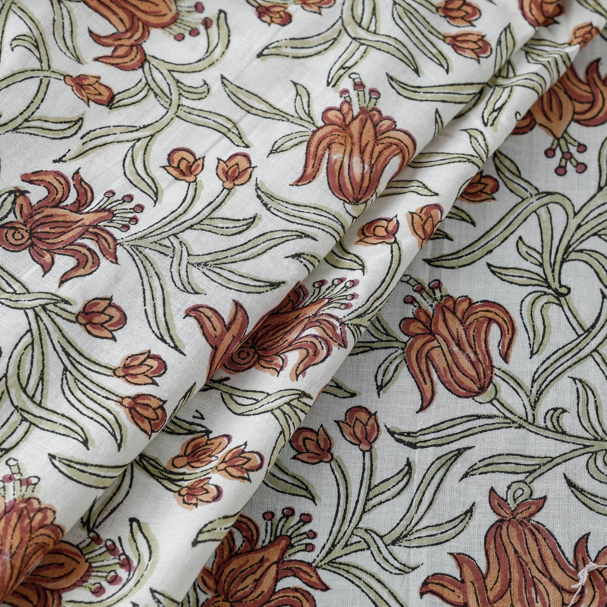Buy Brown Flower With Leafy Jaal Sanganeri Block Printed Cotton Fabric Online at iTokri.com