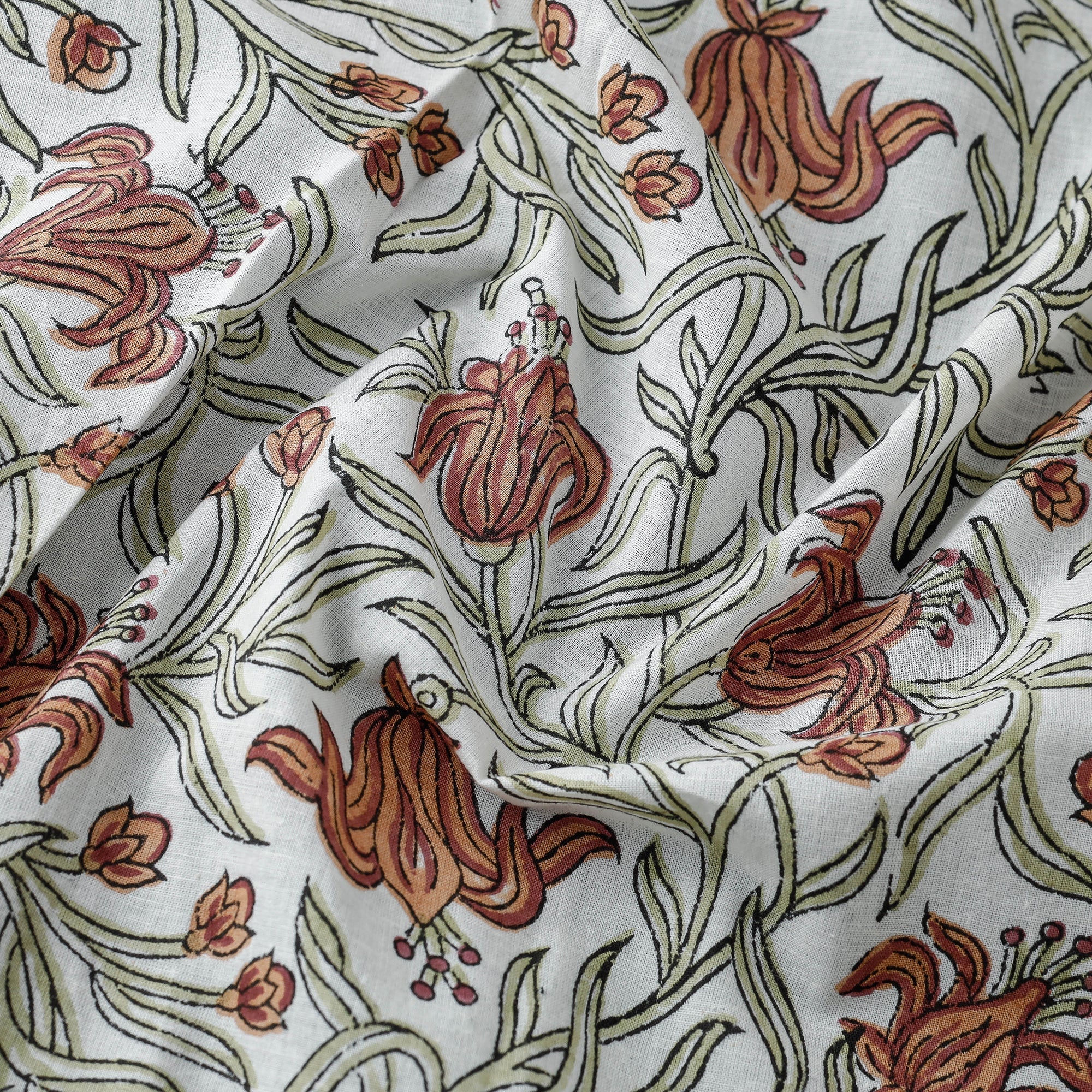 Buy Brown Flower With Leafy Jaal Sanganeri Block Printed Cotton Fabric Online at iTokri.com