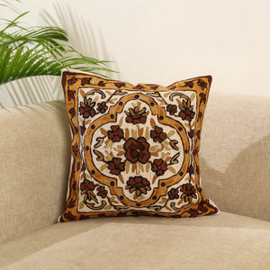 Brown Wool Thread Crewel Embroidery Cushion Cover