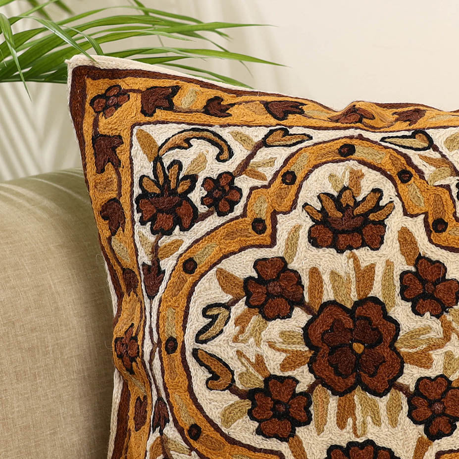 Brown Wool Thread Crewel Embroidery Cushion Cover