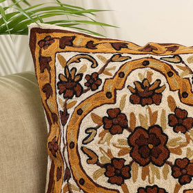 Brown Wool Thread Crewel Embroidery Cushion Cover