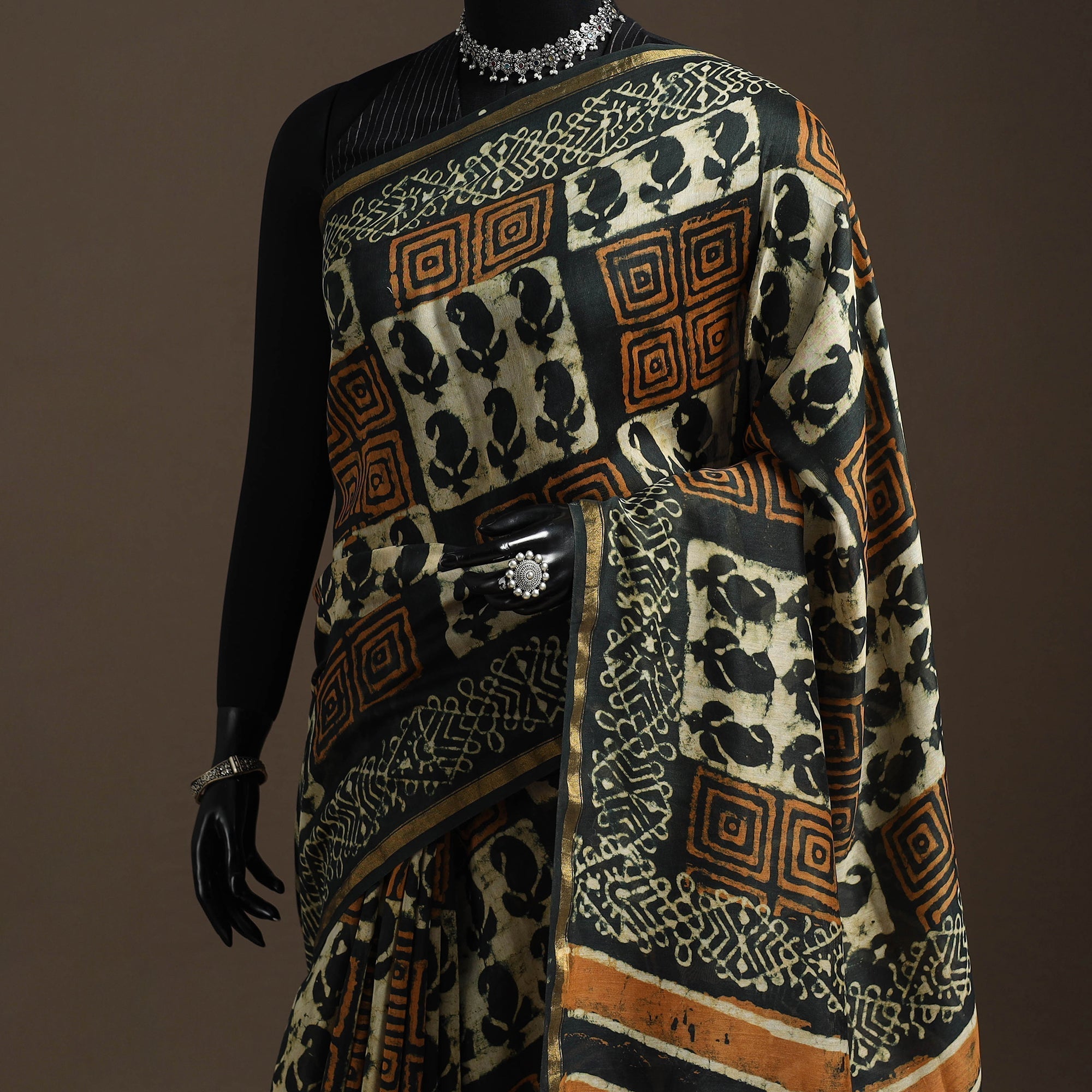 Multicolor - Chanderi Silk Hand Block Print Bagru Saree with Zari Border 18