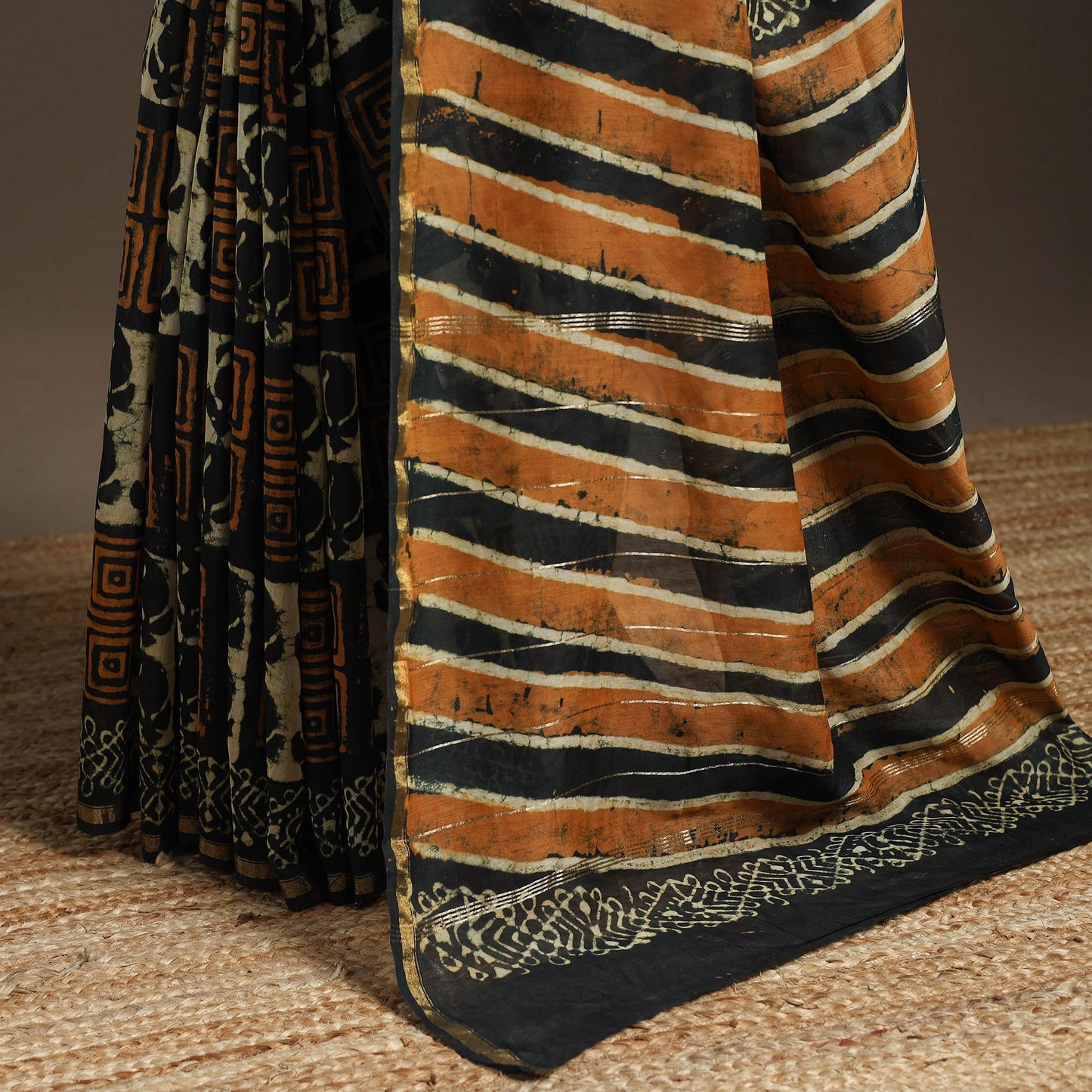 Multicolor - Chanderi Silk Hand Block Print Bagru Saree with Zari Border 18