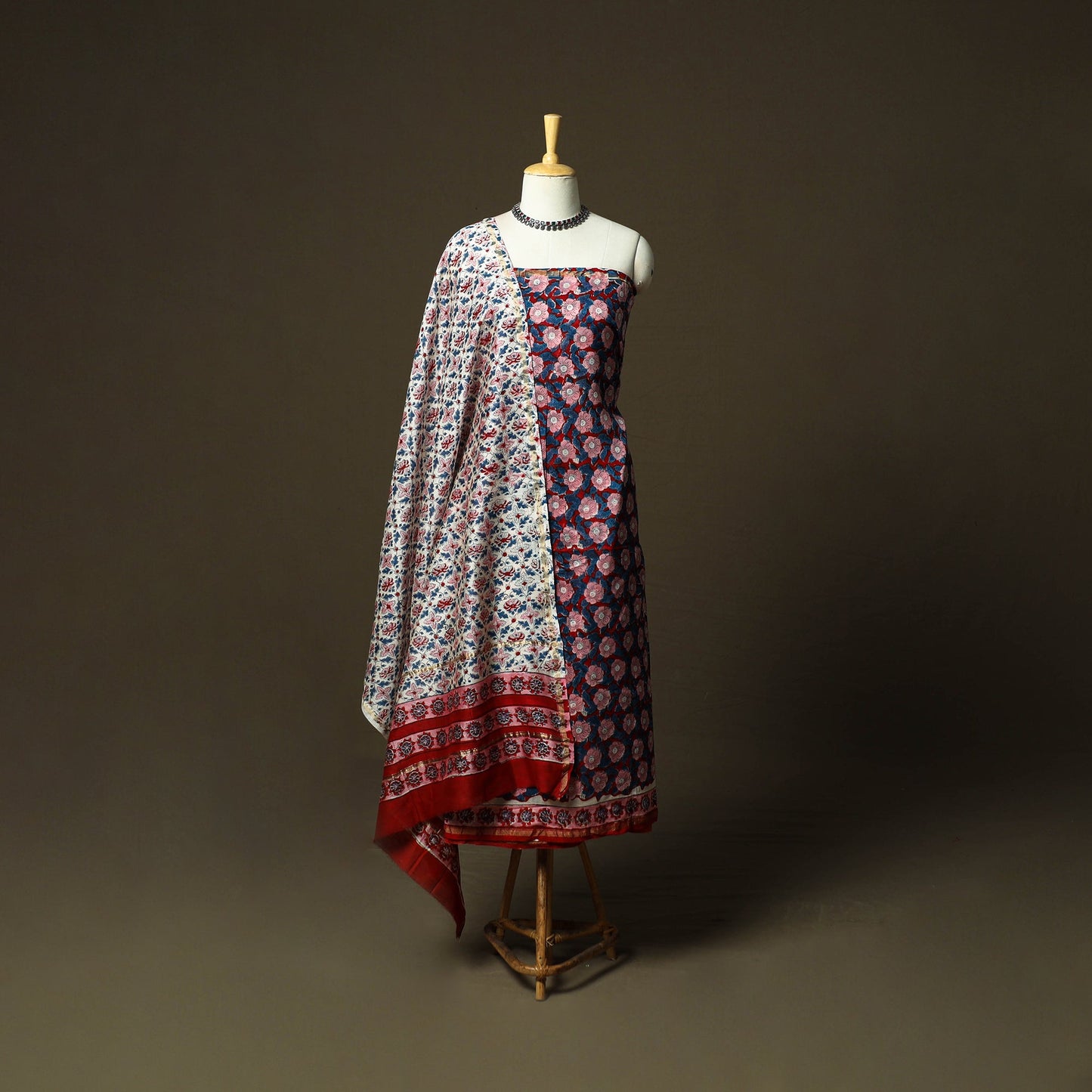Chanderi silk hand block sanganeri print 3pc unstitched
