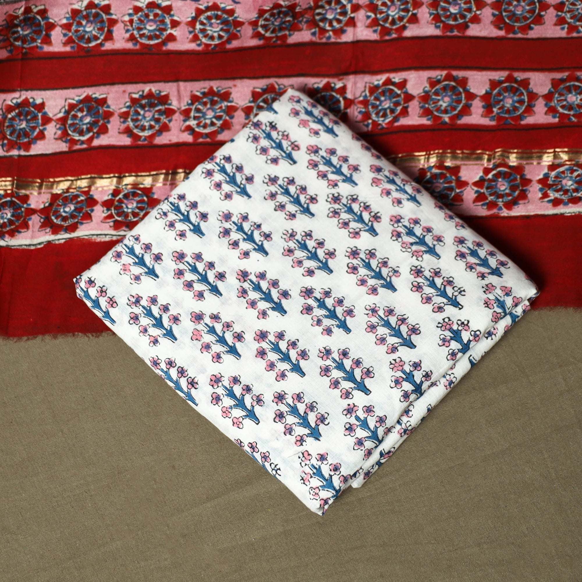 Chanderi silk hand block sanganeri print 3pc unstitched