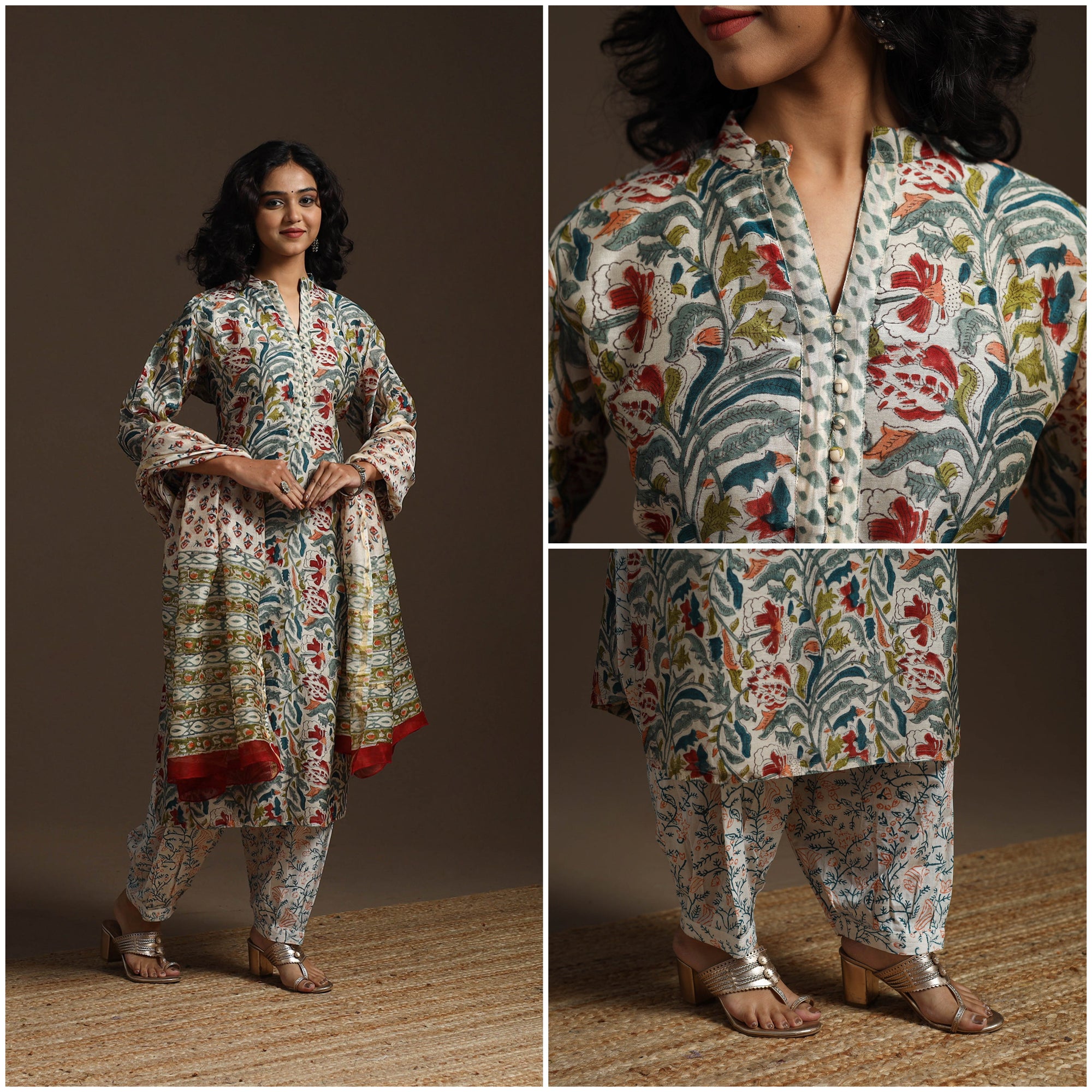 Multicolor - chanderi silk sanganeri suit set with dupatta