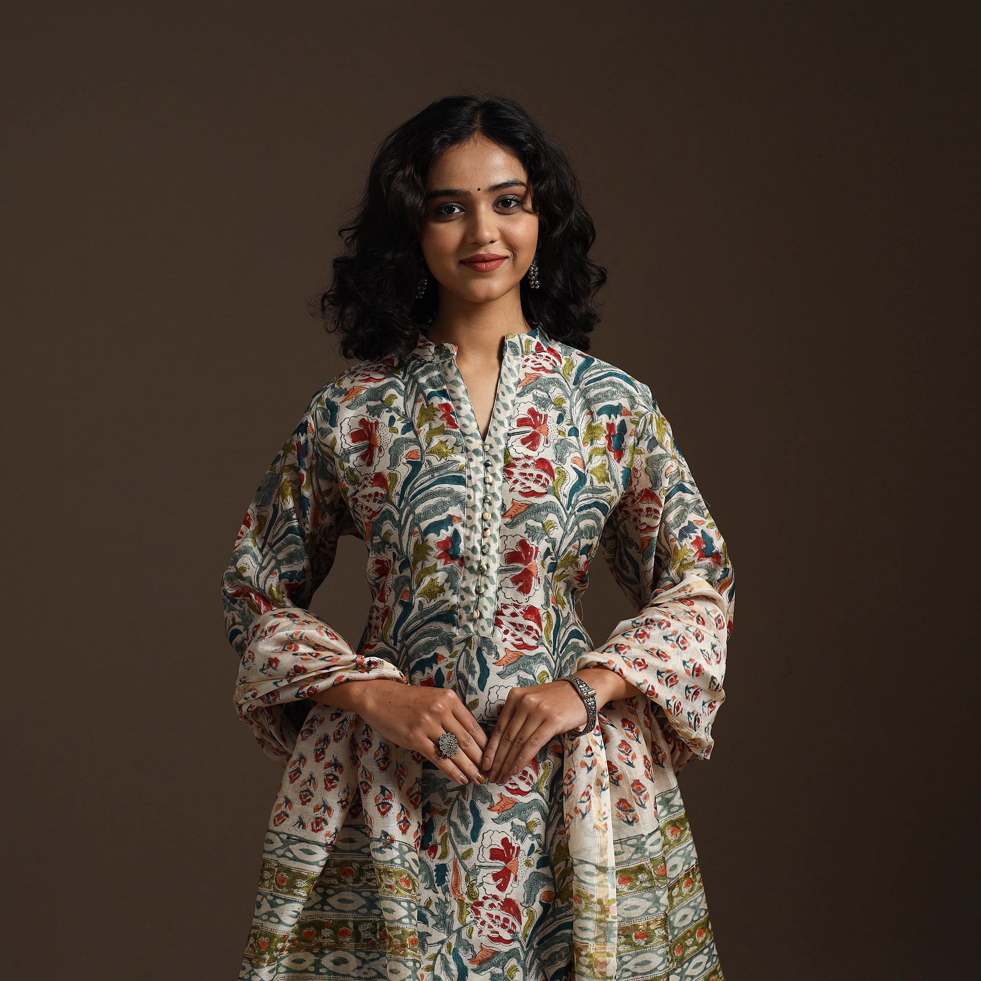 Multicolor - chanderi silk sanganeri suit set with dupatta