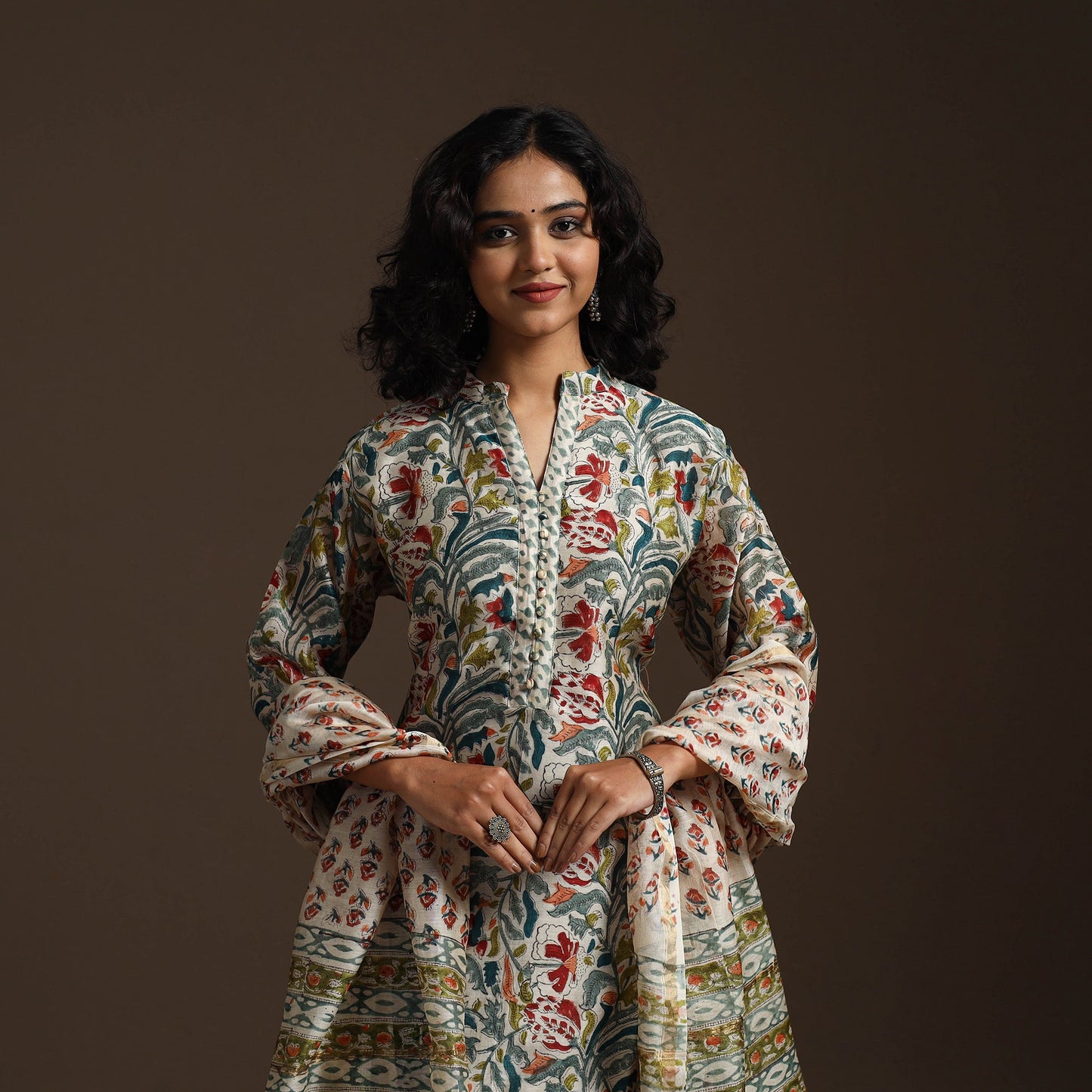 Multicolor - chanderi silk sanganeri suit set with dupatta