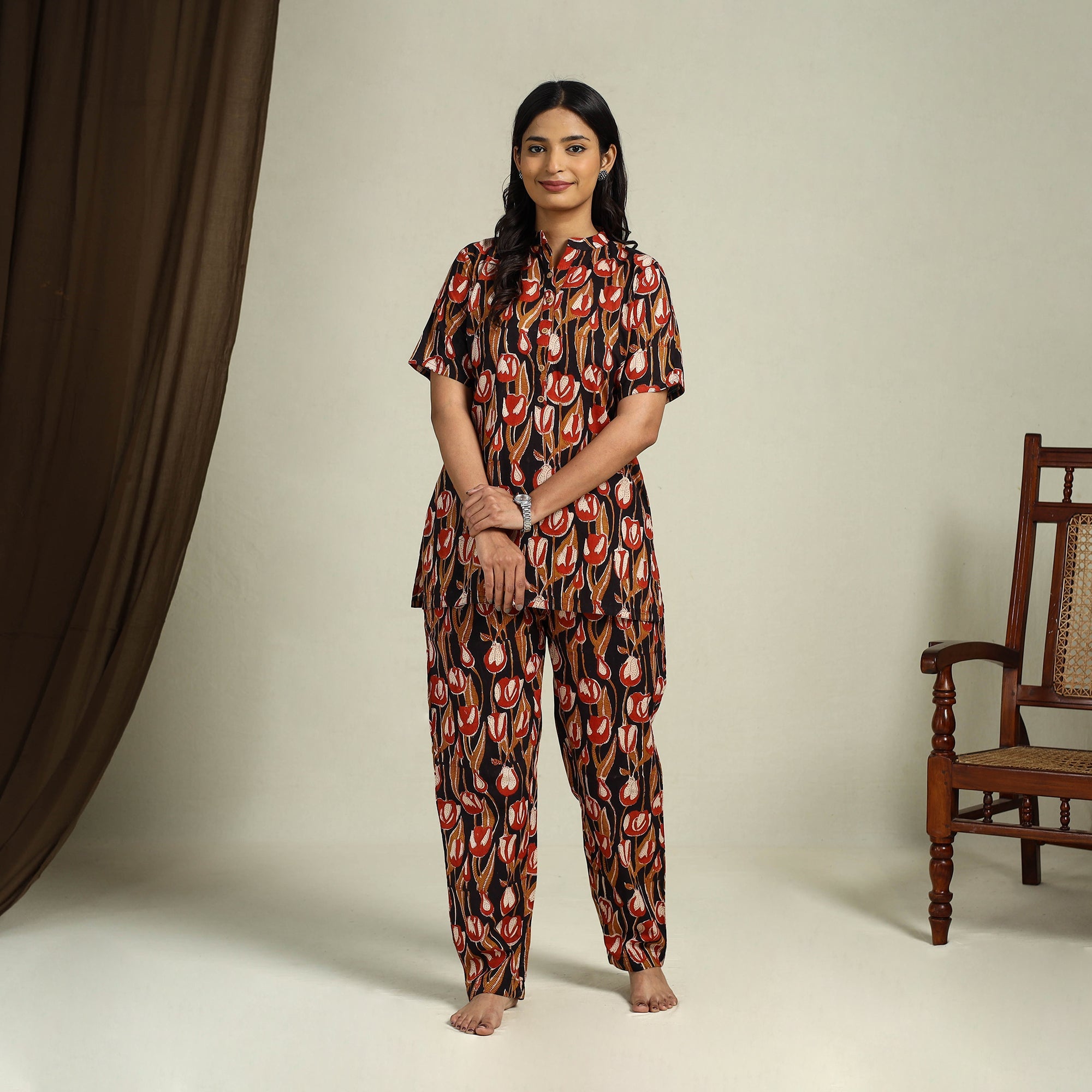  Multicolor Block Print Cotton Bagru Night Suit Set