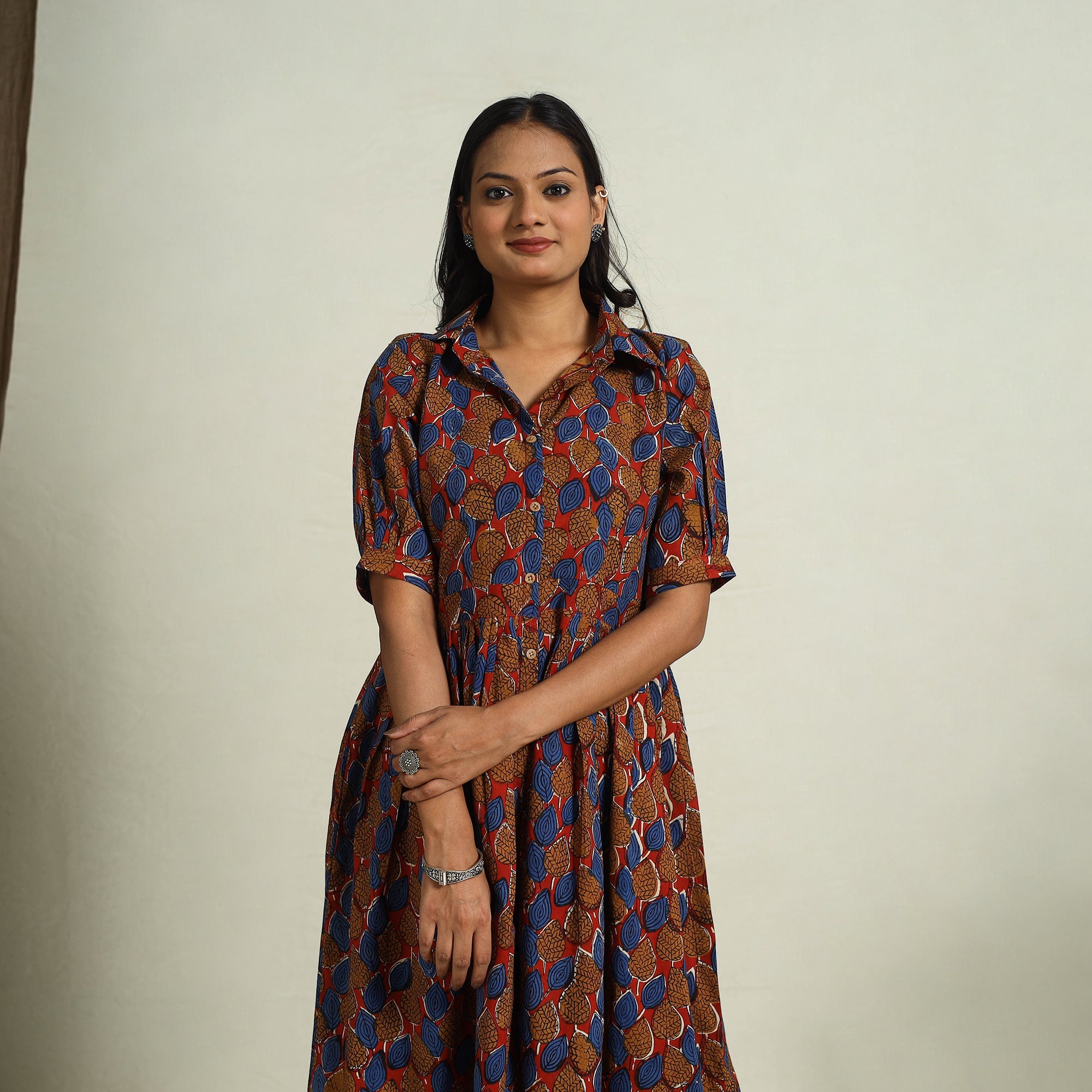  Multicolor Block Print Cotton Button Down Bagru Dress