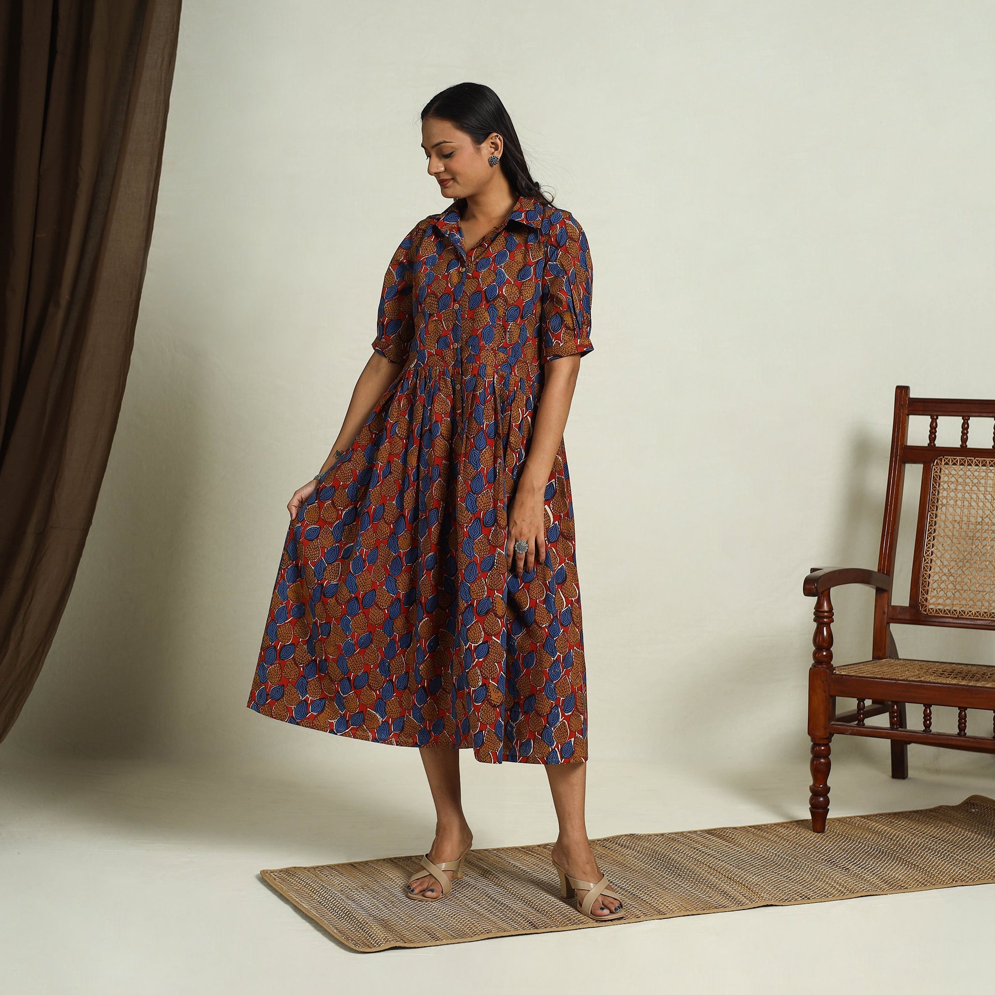  Multicolor Block Print Cotton Button Down Bagru Dress