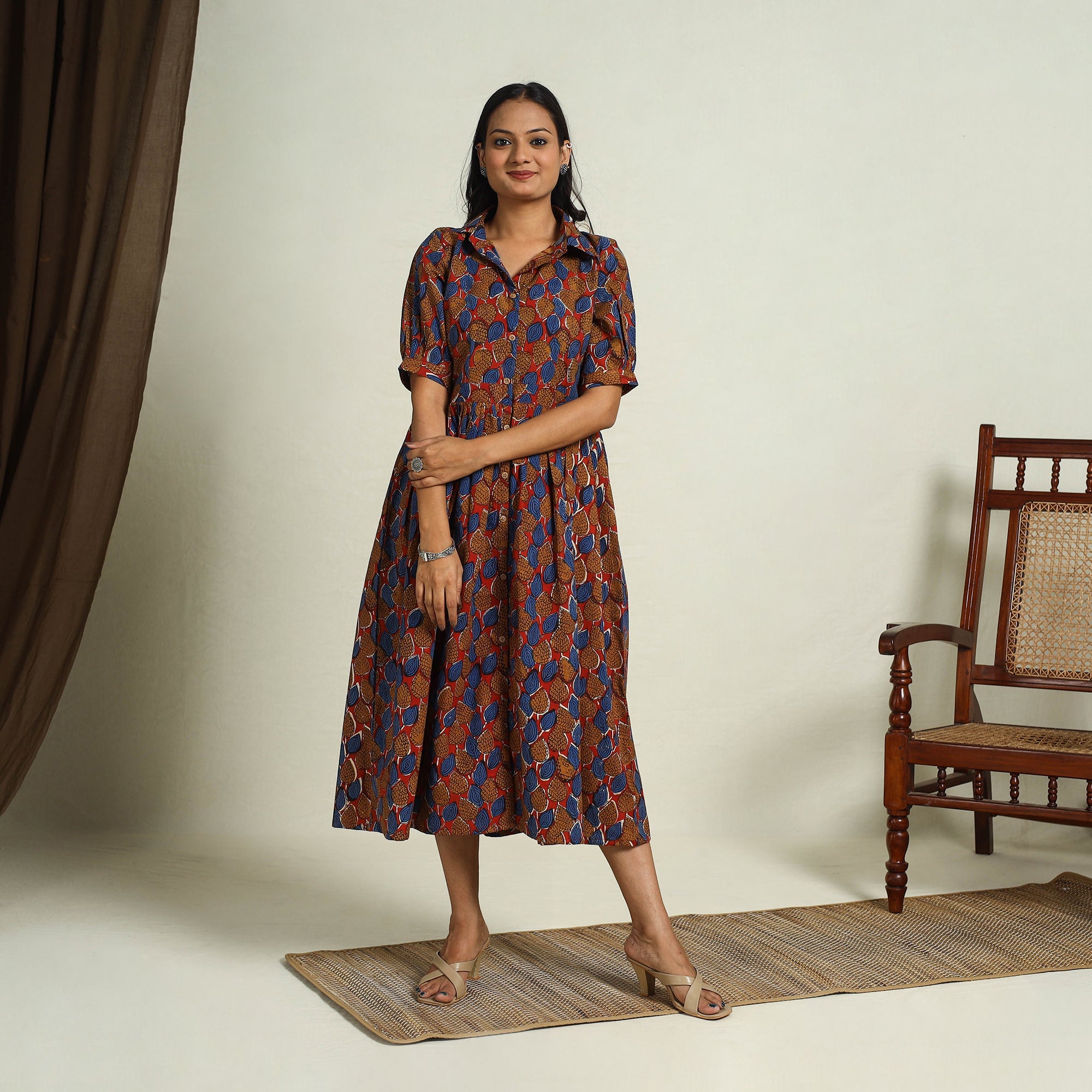  Multicolor Block Print Cotton Button Down Bagru Dress