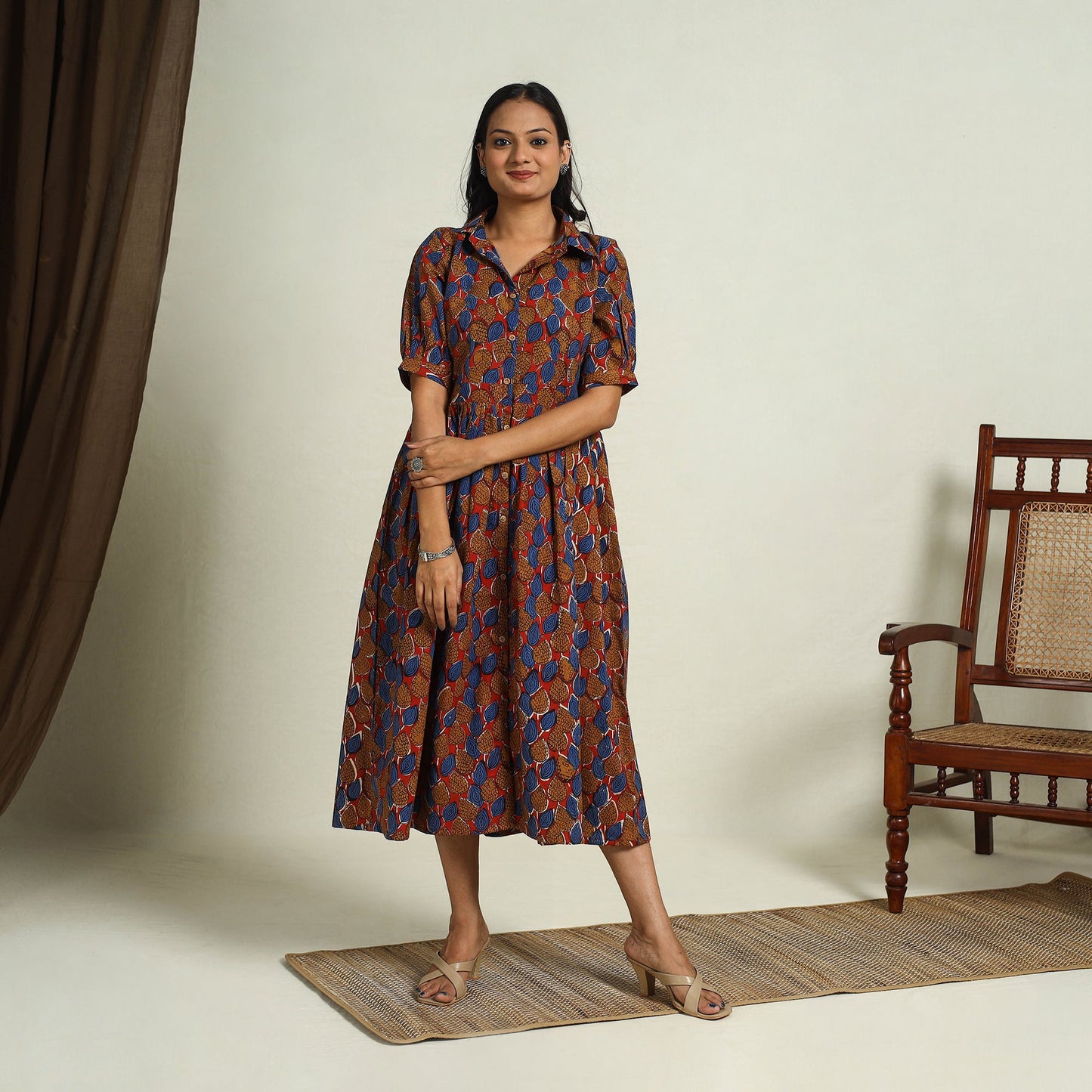  Multicolor Block Print Cotton Button Down Bagru Dress