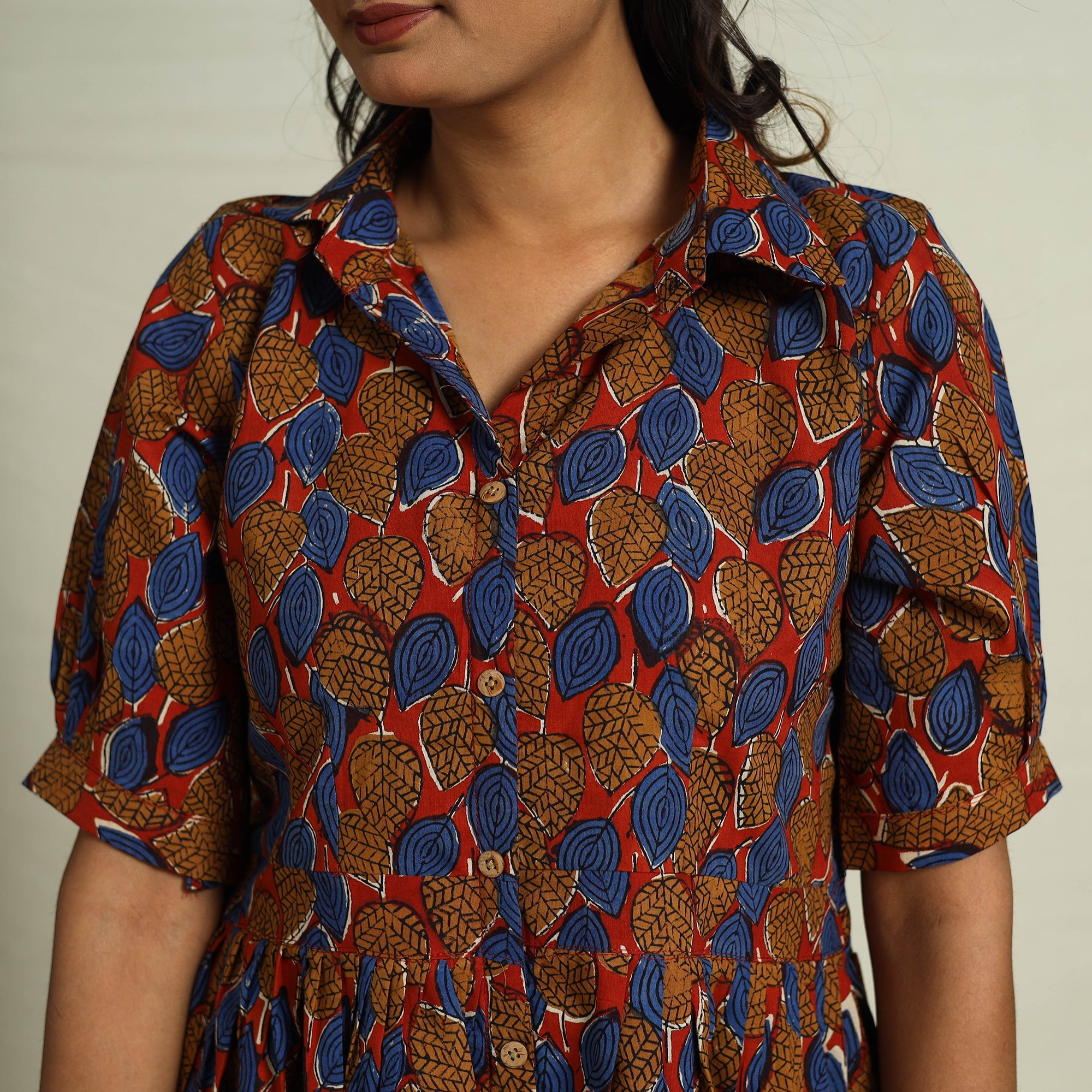  Multicolor Block Print Cotton Button Down Bagru Dress