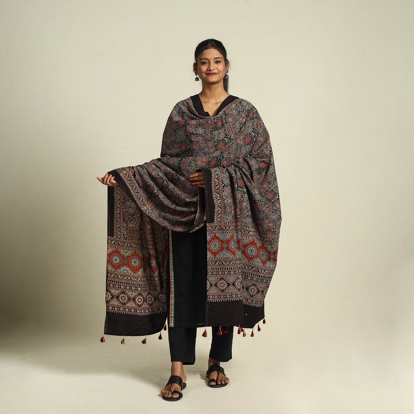 Buy Multicolor Block Print Cotton Ajrakh Dupatta With Tassels