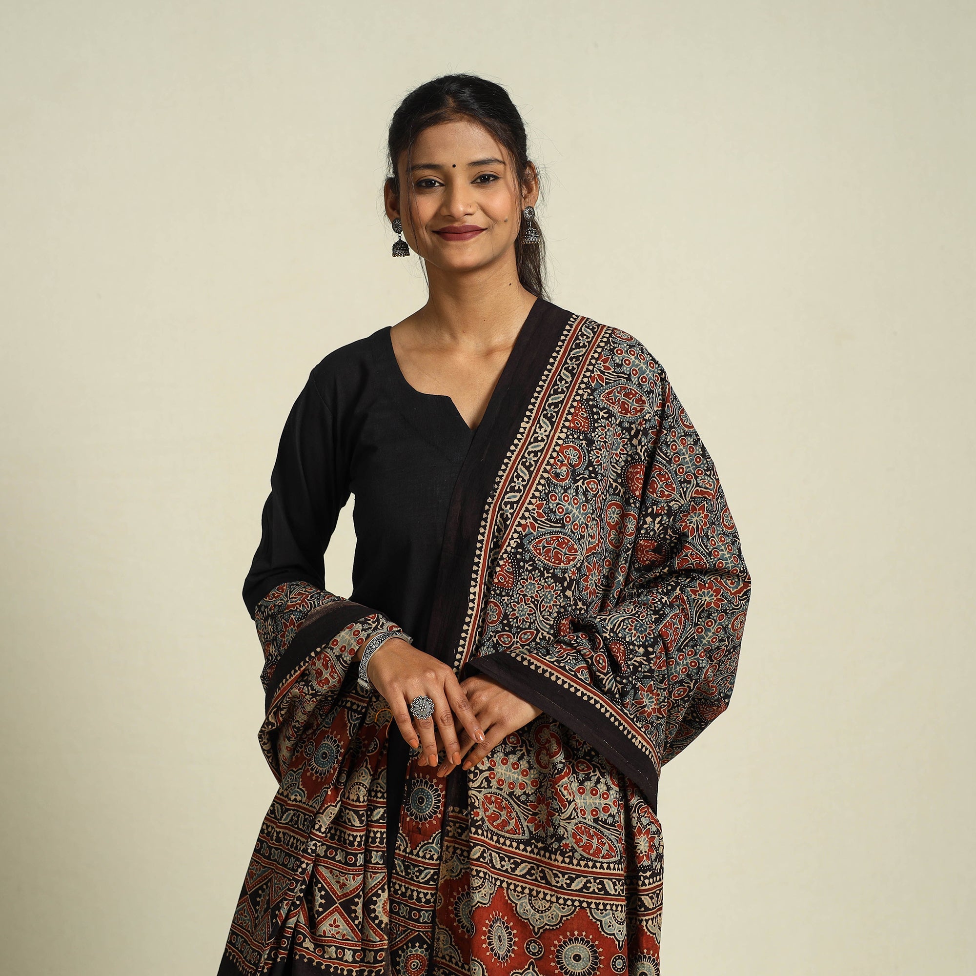 Buy Multicolor Block Print Cotton Ajrakh Dupatta With Tassels