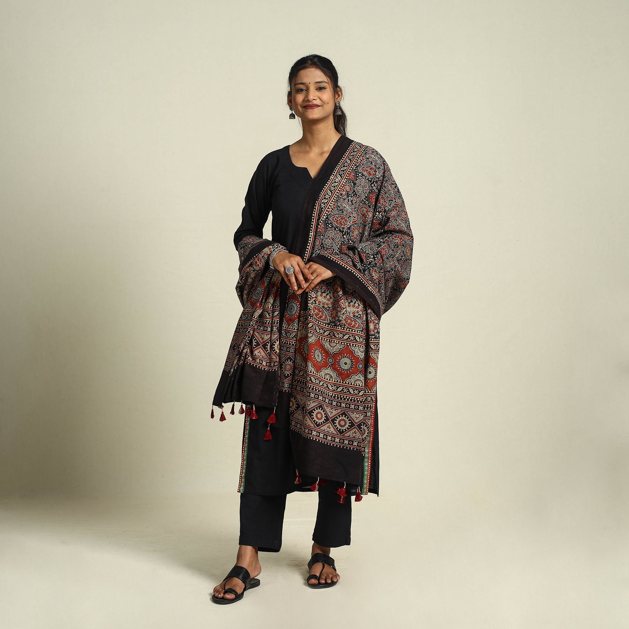 Buy Multicolor Block Print Cotton Ajrakh Dupatta With Tassels